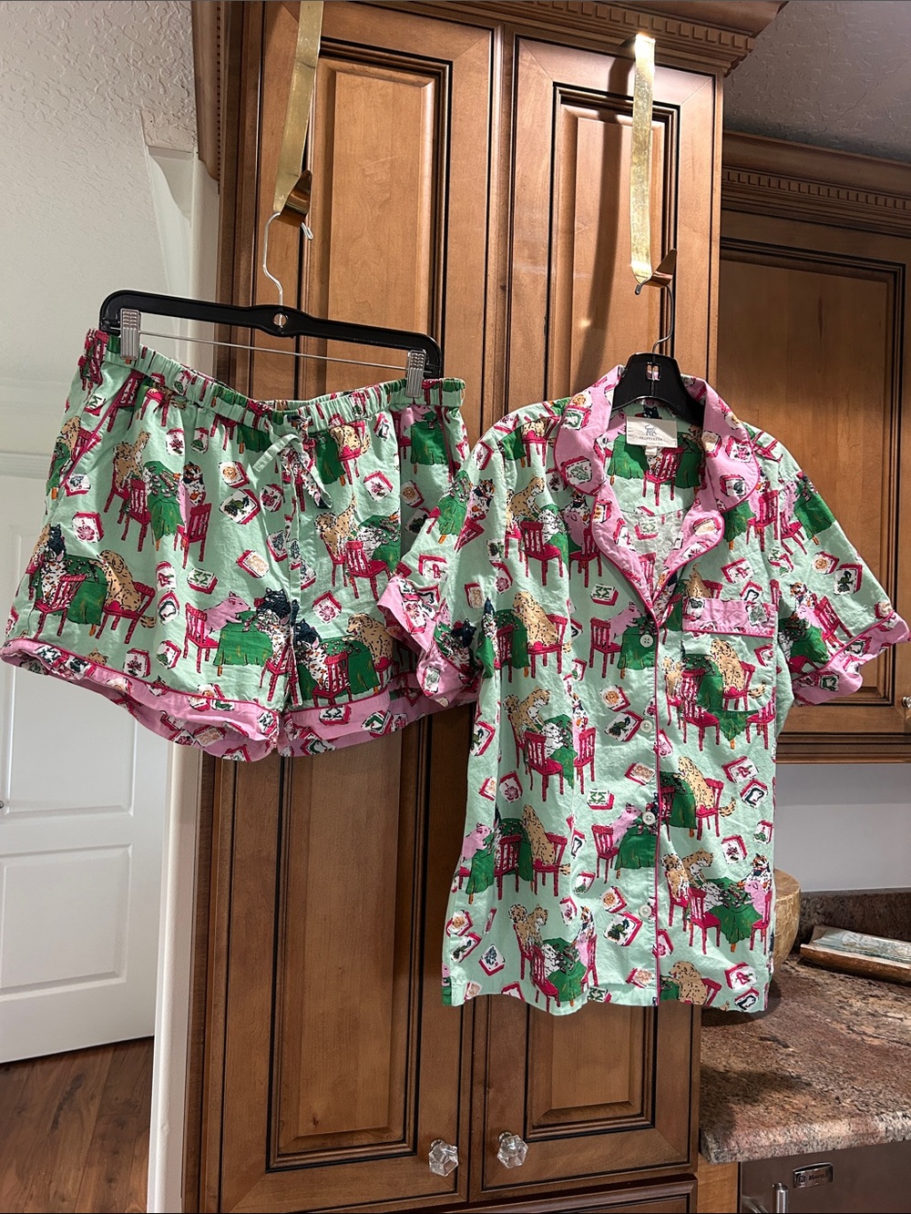 Printfresh Mint Green and Pink Animal Print mahjong Pajama Set. Size large.